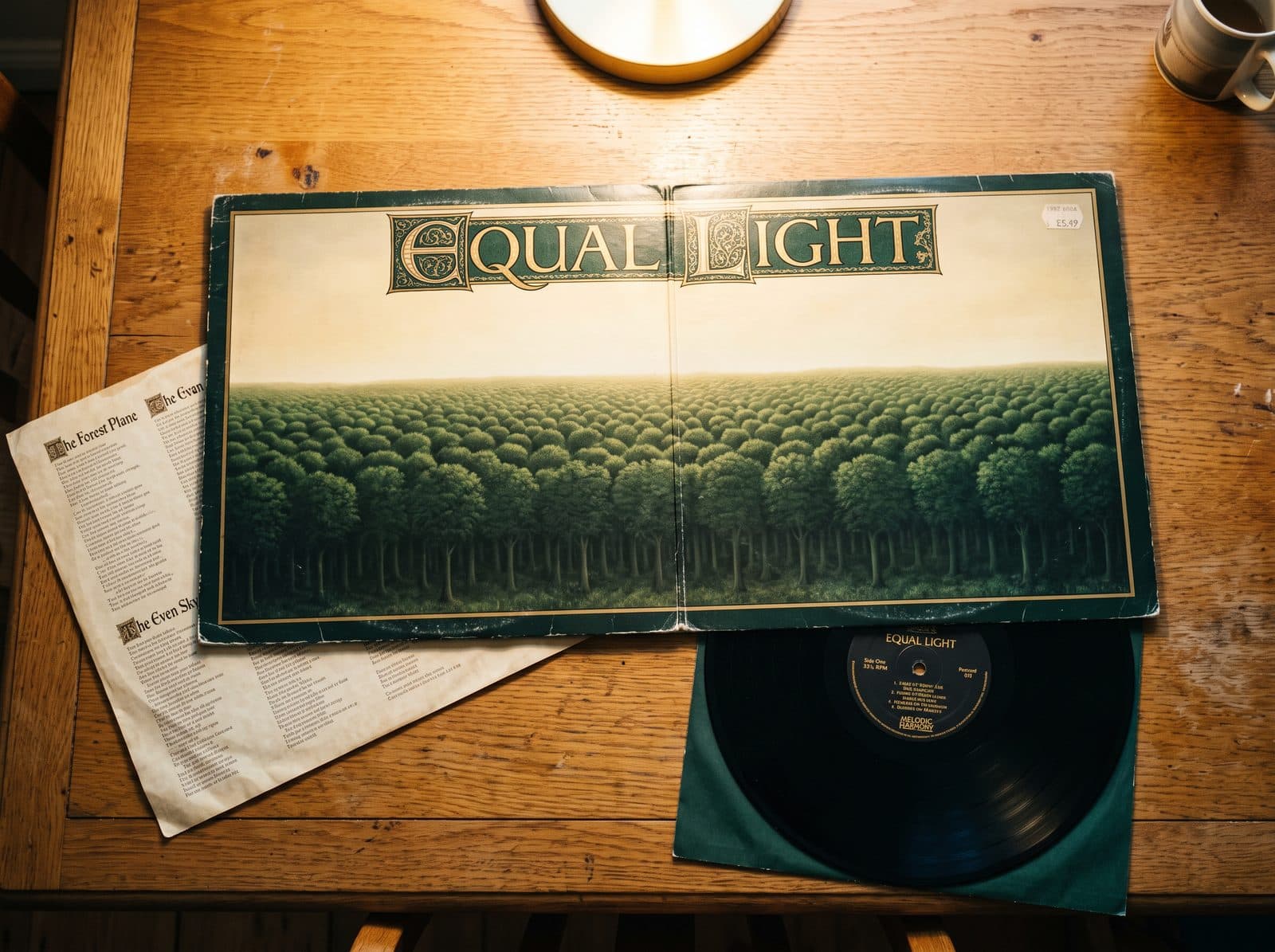 An opened gatefold record sleeve with a painted forest