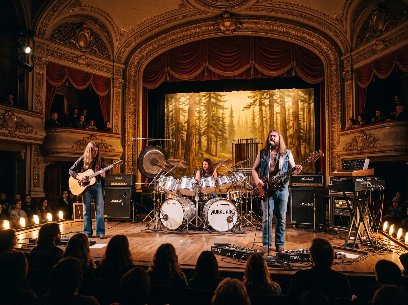 The trio performing in a small Montana theatre